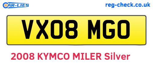 VX08MGO are the vehicle registration plates.