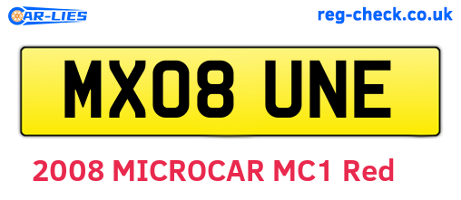 MX08UNE are the vehicle registration plates.