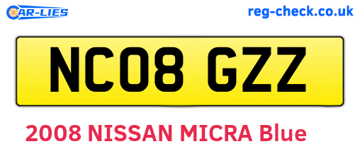 NC08GZZ are the vehicle registration plates.