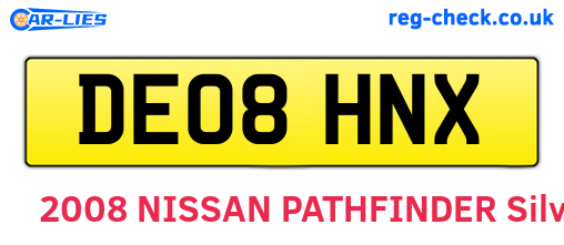 DE08HNX are the vehicle registration plates.