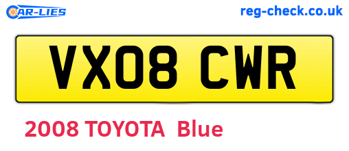 VX08CWR are the vehicle registration plates.