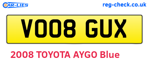 VO08GUX are the vehicle registration plates.