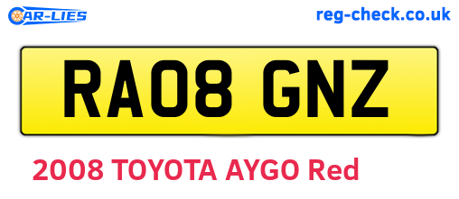 RA08GNZ are the vehicle registration plates.