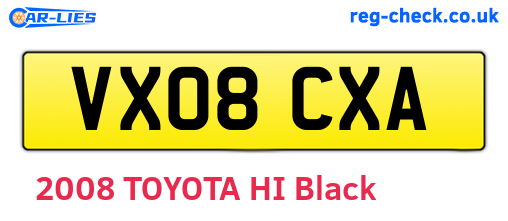 VX08CXA are the vehicle registration plates.