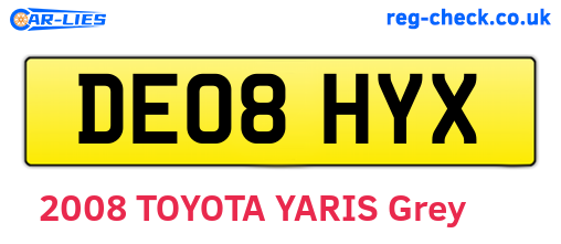 DE08HYX are the vehicle registration plates.