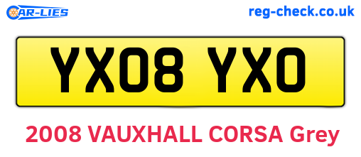YX08YXO are the vehicle registration plates.