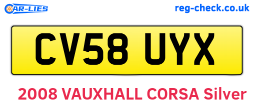 CV58UYX are the vehicle registration plates.