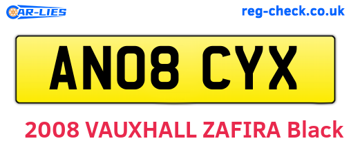 AN08CYX are the vehicle registration plates.