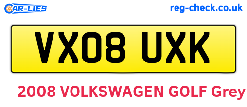 VX08UXK are the vehicle registration plates.