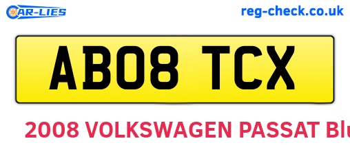 AB08TCX are the vehicle registration plates.
