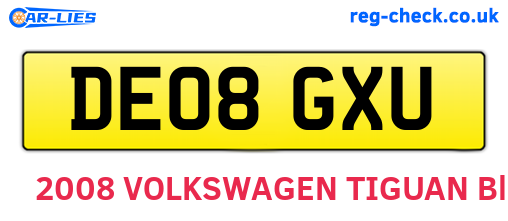 DE08GXU are the vehicle registration plates.