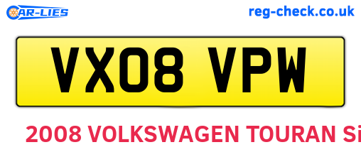 VX08VPW are the vehicle registration plates.