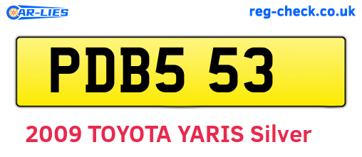 PDB553 are the vehicle registration plates.