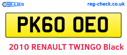 PK60OEO are the vehicle registration plates.