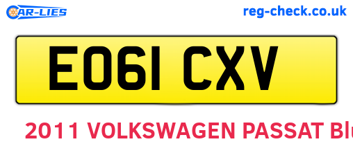 EO61CXV are the vehicle registration plates.