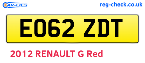 EO62ZDT are the vehicle registration plates.