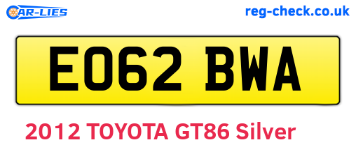 EO62BWA are the vehicle registration plates.