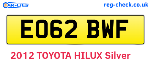 EO62BWF are the vehicle registration plates.