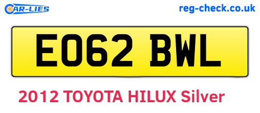 EO62BWL are the vehicle registration plates.