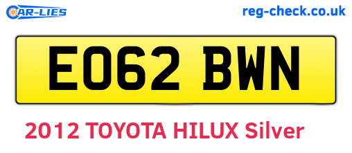 EO62BWN are the vehicle registration plates.