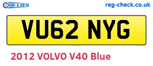 VU62NYG are the vehicle registration plates.