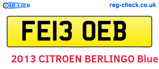 FE13OEB are the vehicle registration plates.