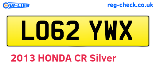 LO62YWX are the vehicle registration plates.