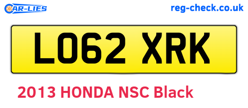 LO62XRK are the vehicle registration plates.