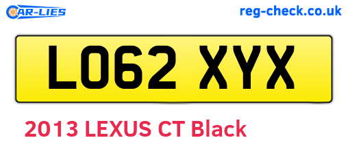 LO62XYX are the vehicle registration plates.
