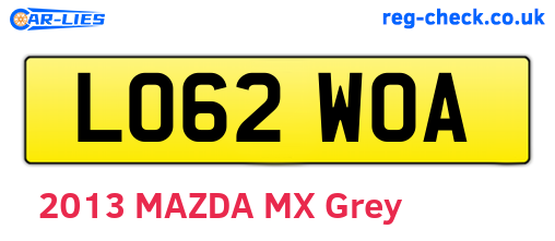 LO62WOA are the vehicle registration plates.