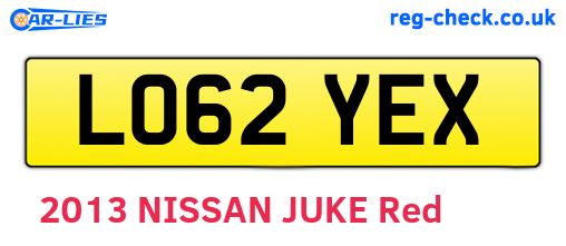 LO62YEX are the vehicle registration plates.