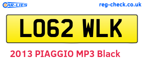LO62WLK are the vehicle registration plates.