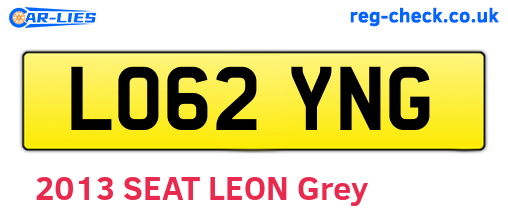 LO62YNG are the vehicle registration plates.