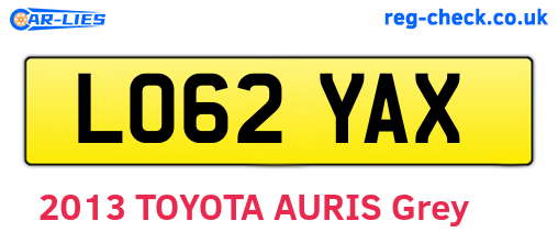 LO62YAX are the vehicle registration plates.