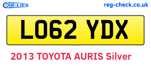 LO62YDX are the vehicle registration plates.