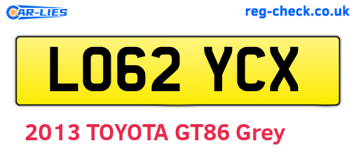 LO62YCX are the vehicle registration plates.
