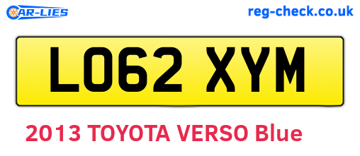 LO62XYM are the vehicle registration plates.