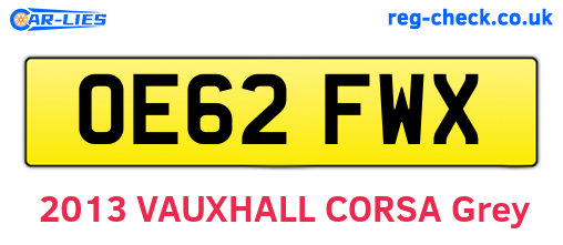 OE62FWX are the vehicle registration plates.