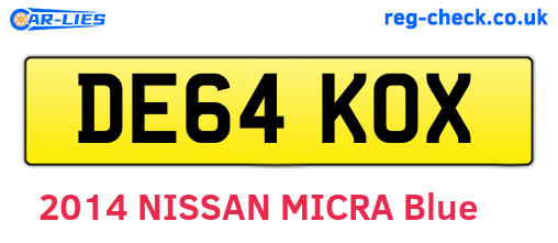 DE64KOX are the vehicle registration plates.