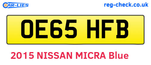 OE65HFB are the vehicle registration plates.