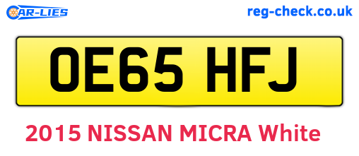 OE65HFJ are the vehicle registration plates.