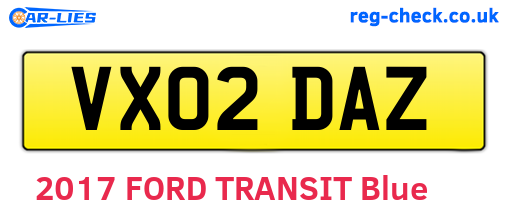 VX02DAZ are the vehicle registration plates.