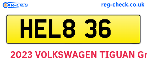 HEL836 are the vehicle registration plates.